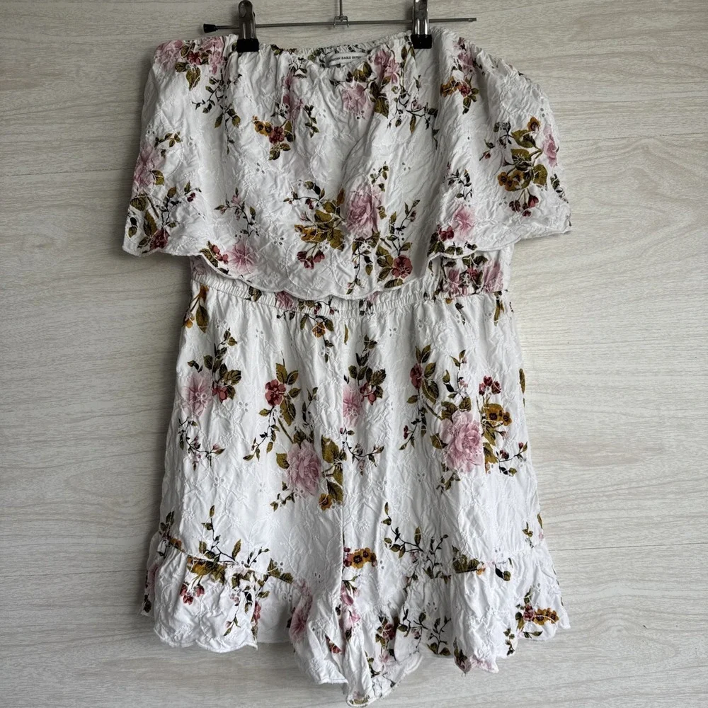 white floral American Eagle Outfitters romper Off The Shoulder Ruffled Eyelet M - Picture 1 of 11